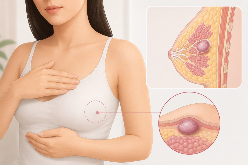 Ilustrasi benjolan di payudara — fibroadenoma dan jenis benjolan payudara lainnya
