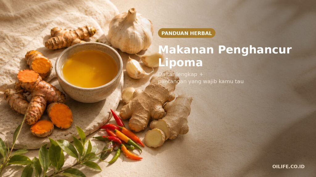 Makanan penghancur lipoma — kunyit, jahe, bawang putih, dan cabai rawit segar di atas kain linen